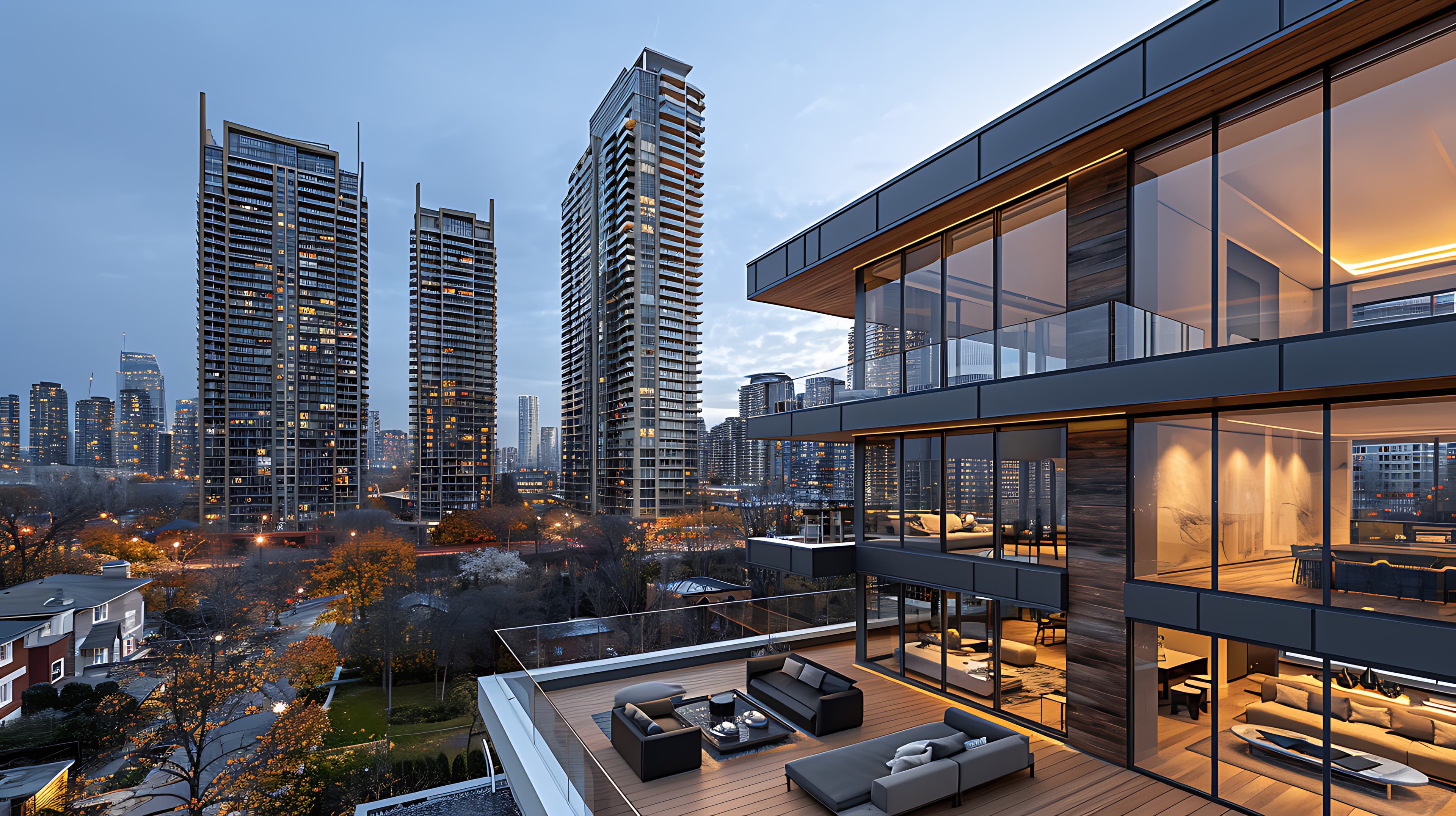 Modern apartment towers at dusk